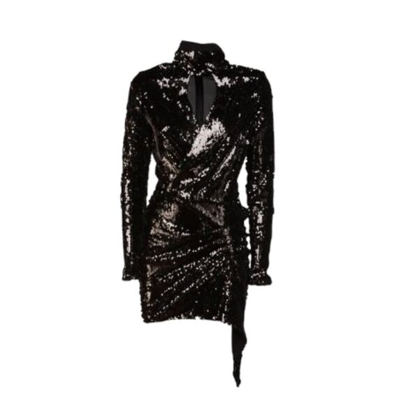 NWT PINKO Black Long Sleeve Stretch Asymmetric Hem Mini Sequin Dress Sz 12/EU 44 - Picture 16 of 16